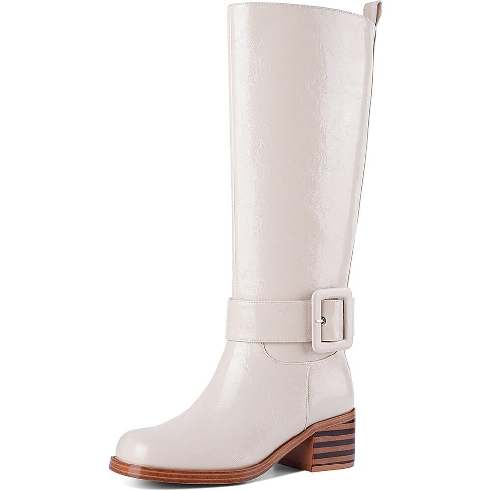 Women's B-beige Chunky Low Heel Pull On Riding Comfortable Knee High Boots